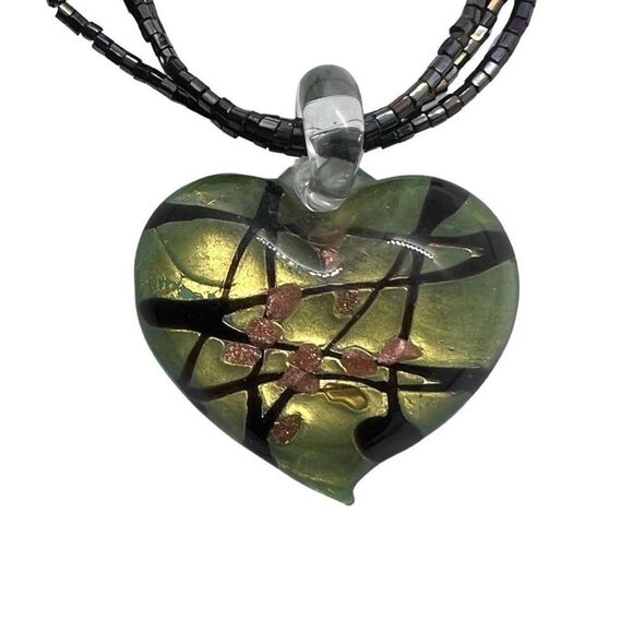 Multilayered Beaded Emerald Murano Glass Heart Pendant Necklace Toggle Clasp - Picture 1 of 14